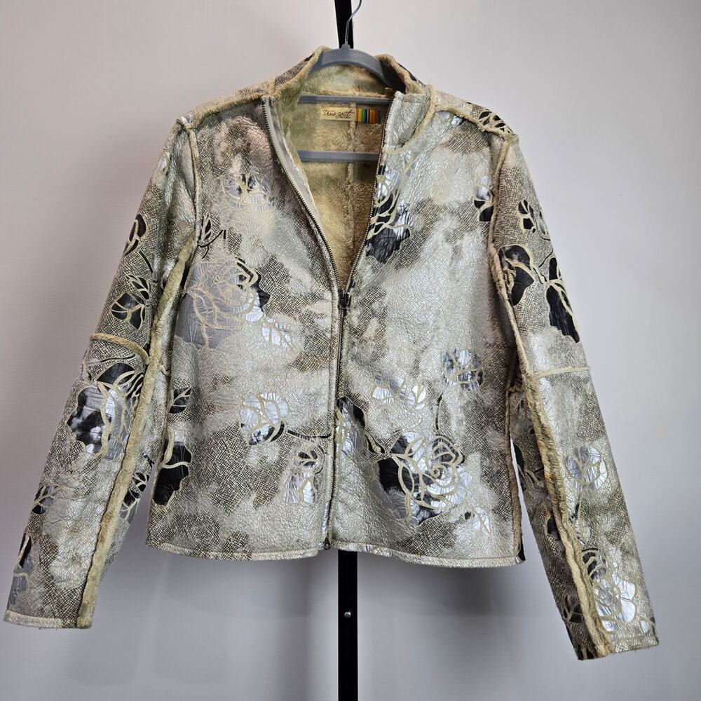 True Grit Dry Goods Silver Floral Jacquard Coat Jacket Fur‎ Trim Western Small